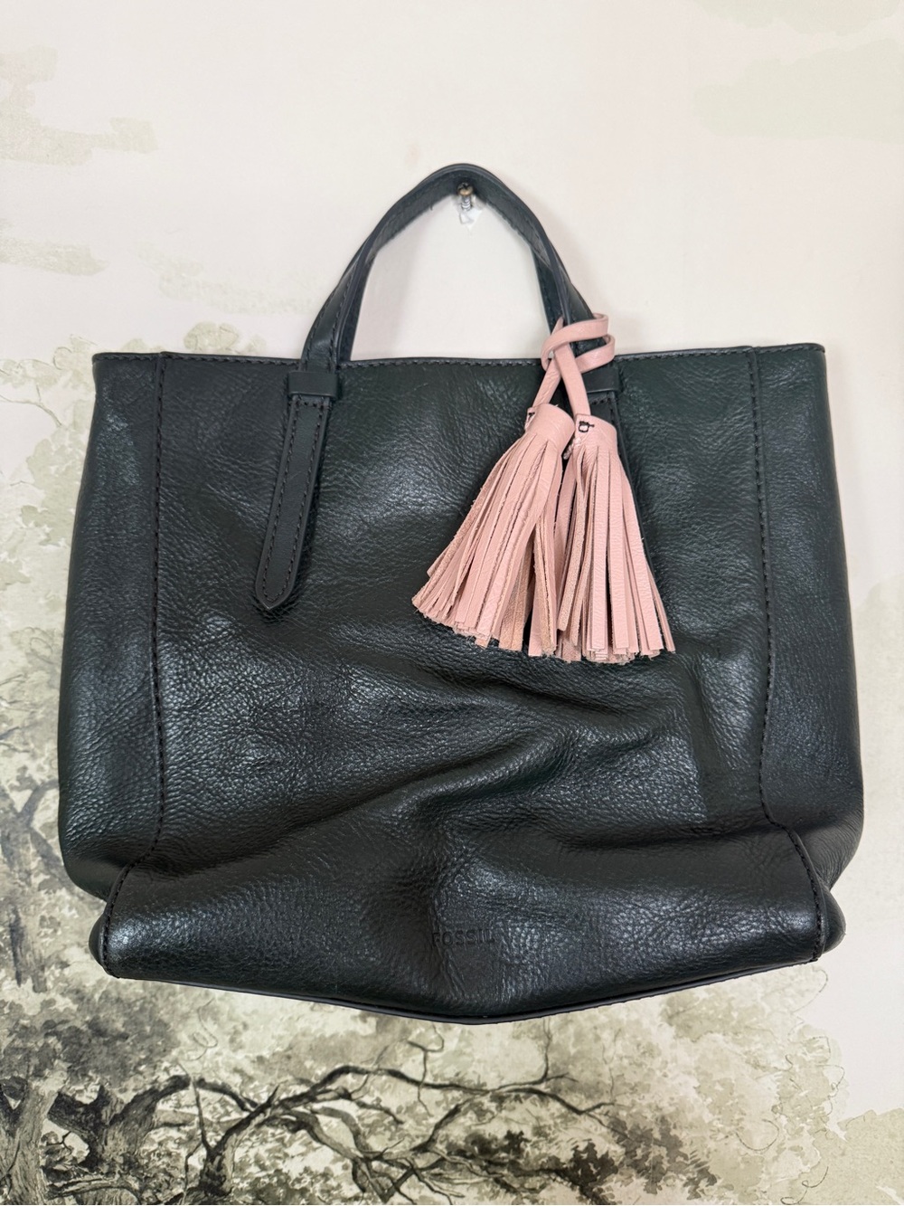 Fossil Black Leather Tote with Pink Tassel Accent